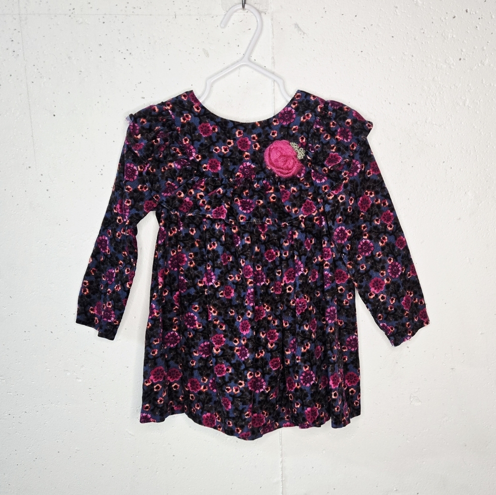 Bonnie Jean Black & Pink Floral Long Sleeve Corduroy Dress with Rosette
